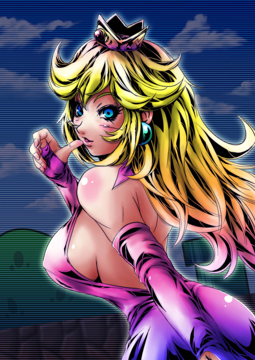 blonde_hair blue_eyes blush breasts crown dress elbow_gloves gloves highres large_breasts lips long_hair looking_back open-back_dress pant-3 princess_peach scanlines sideboob solo super_mario_bros.