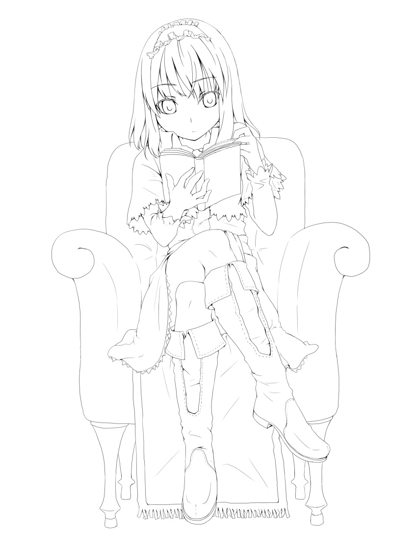 absurdres alice_margatroid book crossed_legs hairband highres legs_crossed lineart monochrome reading short_hair sitting solo touhou unasaka_ryou
