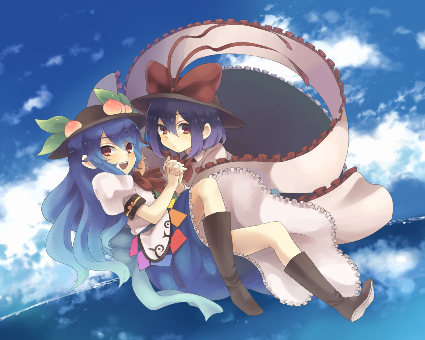 bad_id blue_hair boots bow carrying cloud flying food fruit hat hat_bow highres hinanawi_tenshi holding_hands interlocked_fingers konbu_ame leaf long_hair looking_at_viewer multiple_girls nagae_iku open_mouth peach purple_hair red_eyes shawl short_hair skirt sky smile touhou