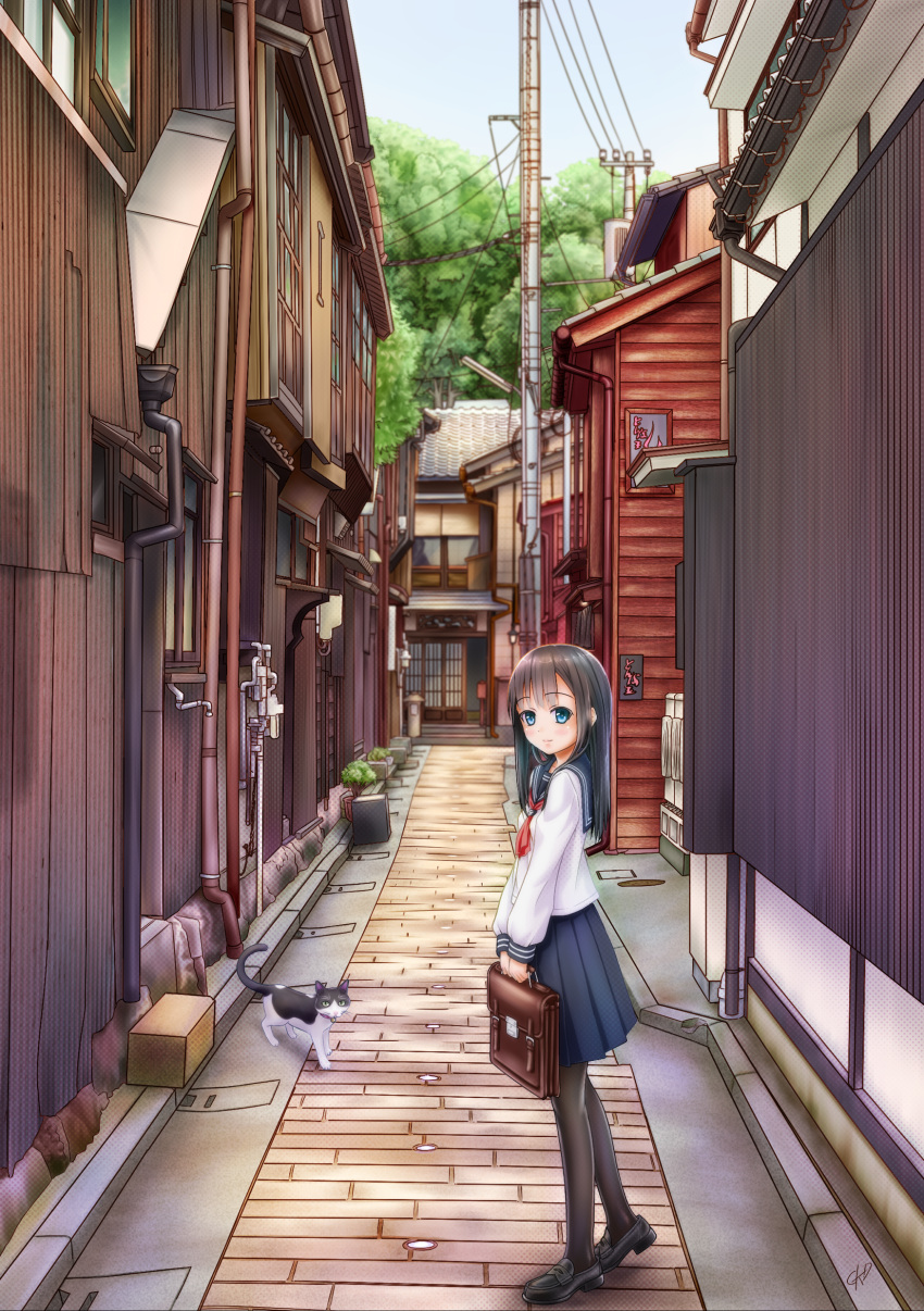 absurdres alley bag bell bell_collar black_hair black_legwear black_shoes blue_eyes bob_cut box briefcase cardboard_box collar drainpipe forest gotou_hisashi highres holding house light_smile loafers long_hair looking_at_viewer nature open_door original pantyhose plant pole potted_plant power_lines sailor_collar school_bag school_uniform serafuku shoes signature skirt sky solo tree