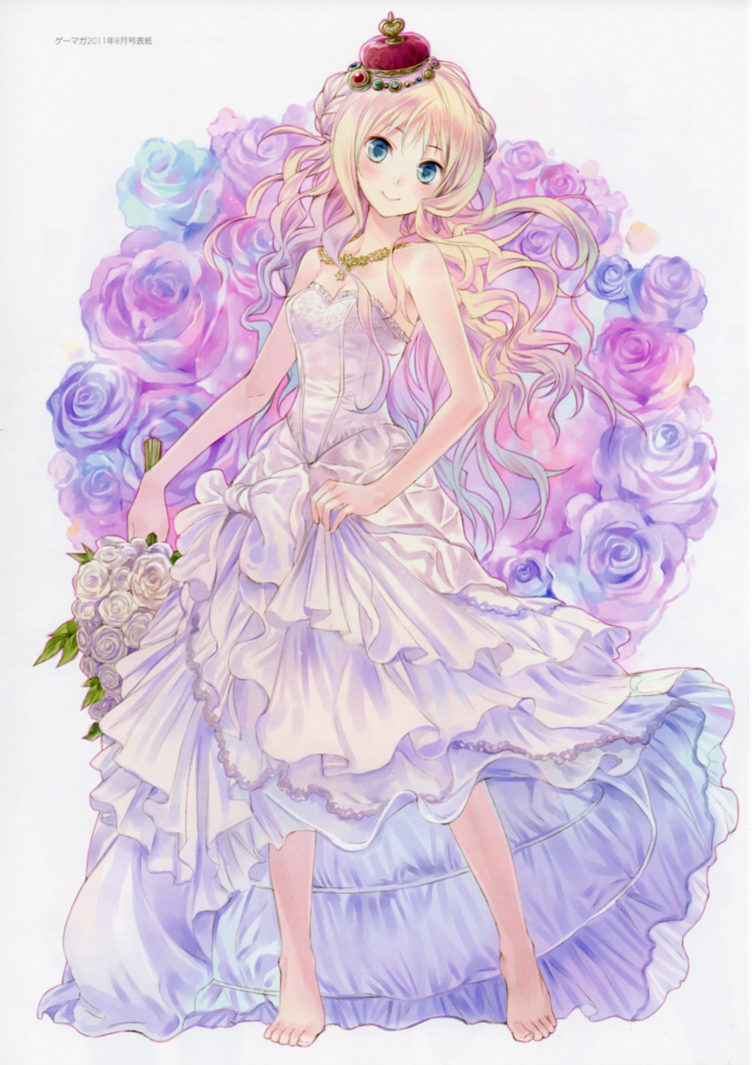 absurdres atelier_(series) atelier_meruru bare_shoulders barefoot blonde_hair blue_rose bouquet crown dress dress_lift feet flower frills highres jewelry kishida_mel long_hair merurulince_rede_arls multicolored_rose necklace pink_rose purple_rose rose smile solo tiptoes wavy_hair white_rose