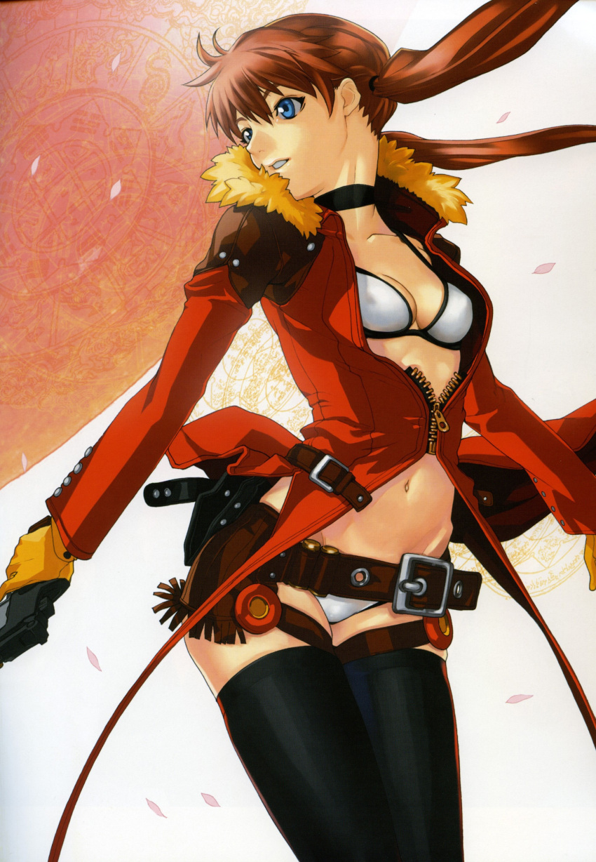 absurdres alternate_hairstyle artist_request bakuretsu_tenshi belt bikini black_legwear blue_eyes breasts brown_hair buckle cherry_blossoms choker cleavage fur_trim gloves gun hakua_ugetsu handgun highres holster jacket long_hair meg navel open_clothes open_jacket open_mouth skindentation solo swimsuit thigh-highs thighhighs twintails unzipped weapon white_bikini