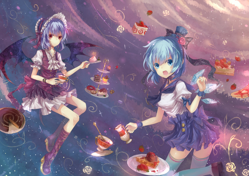 alternate_costume ascot bat_wings blue_eyes blue_hair blue_legwear bonnet boots cake cioccoleti cirno colored_eyelashes cup doujinshi floating food fruit hat knee_boots lavender_hair lolita_fashion looking_at_viewer mini_top_hat multiple_girls open_mouth pastry pie red_eyes remilia_scarlet sailor_collar saucer short_hair skirt sky smile strawberry teacup teapot thigh-highs thighhighs tiered_tray top_hat touhou wings wrist_cuffs zettai_ryouiki