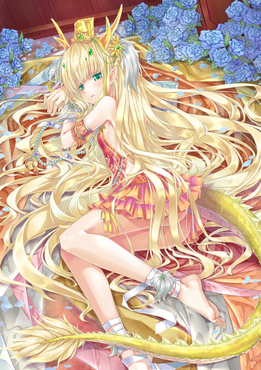 ankle_ribbon armlet armpits ass barefoot blonde_hair blue_rose colored_eyelashes dragon_girl dragon_horns dragon_tail dress flower green_eyes hair_ornament highres hika_(cross-angel) horns jewelry long_hair looking_at_viewer lying necklace new_year no_panties on_side original petals pointy_ears rose skirt solo tail very_long_hair