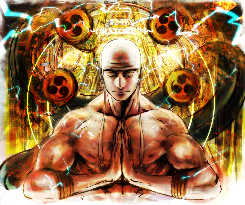 bandana bandanna bangle bare_shoulders blonde_hair bracelet bust closed_eyes earrings electricity enel eyes_closed hands_clasped highres jewelry kepe lightning long_earlobes male mitsudomoe_(shape) muscle one_piece pale_skin palms_together praying solo symmetry tomoe_(symbol) topless white_skin