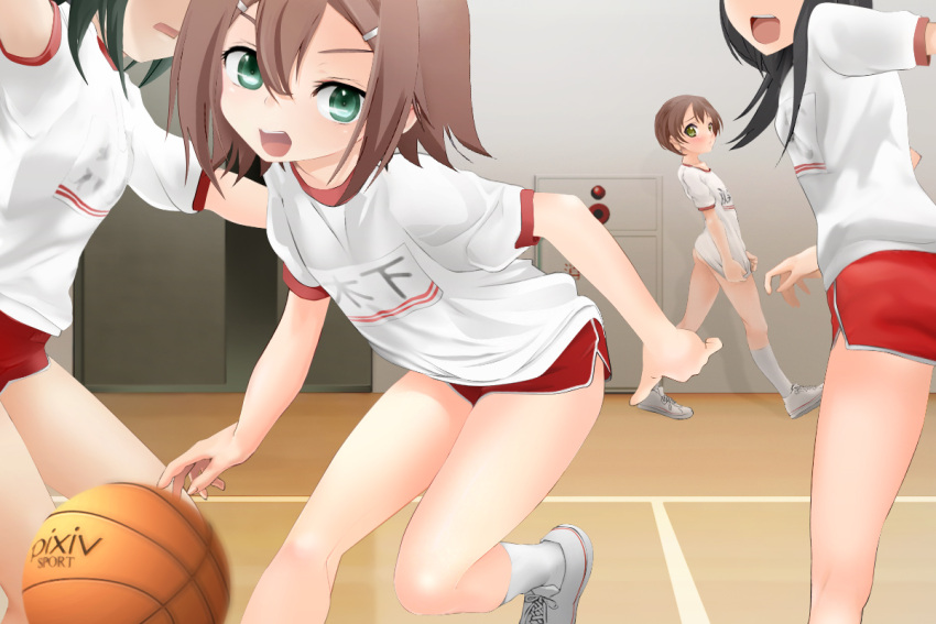 1boy 2girls 3girls androgynous bad_id baka_to_test_to_shoukanjuu basketball black_hair blush bottomless brown_hair buruma cameo covering covering_crotch easter_egg embarrassed green_eyes gym_shorts gym_uniform kinoshita_hideyoshi multiple_boys multiple_girls open_mouth original pixiv shirt_tug trap yuki18r