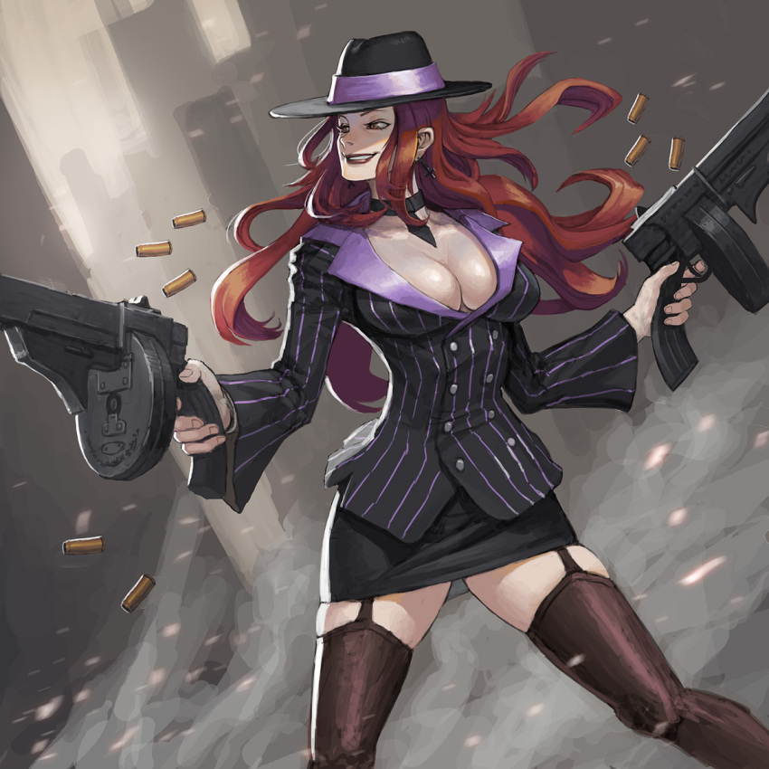 breasts brown_eyes choker cleavage cross_earrings earrings formal garter_straps grin gun hat highres jewelry large_breasts league_of_legends lips lipstick long_hair loped makeup pinstripe_pattern pinstripe_suit pinstriped_suit red_hair redhead sarah_fortune shell_casing skirt_suit smile solo submachine_gun suit thompson_submachine_gun weapon