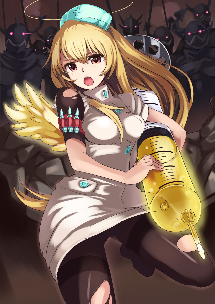 :o absurdres black_legwear blonde_hair breasts brown_eyes buttons cross crossed_arms glowing glowing_eyes halo hat highres holding horns large_syringe leg_up liquid long_hair mook nurse nurse_cap open_mouth original oversized_object pantyhose rod shoes sora-bozu syringe torn_clothes torn_pantyhose torn_sleeves wings