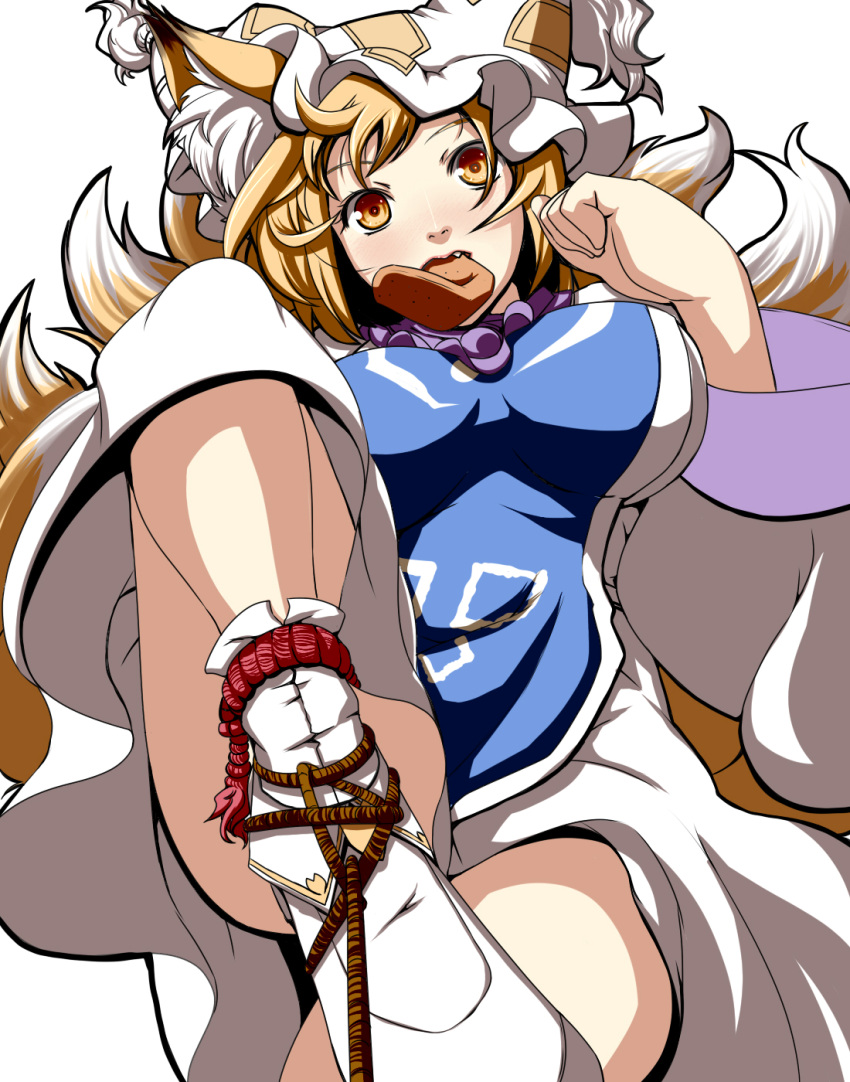 aburaage animal_ears blonde_hair breasts brown_eyes dearmybrothers food fox_ears fox_tail hat highres large_breasts looking_at_viewer mouth_hold rope shoes short_hair simple_background solo tail touhou yakumo_ran