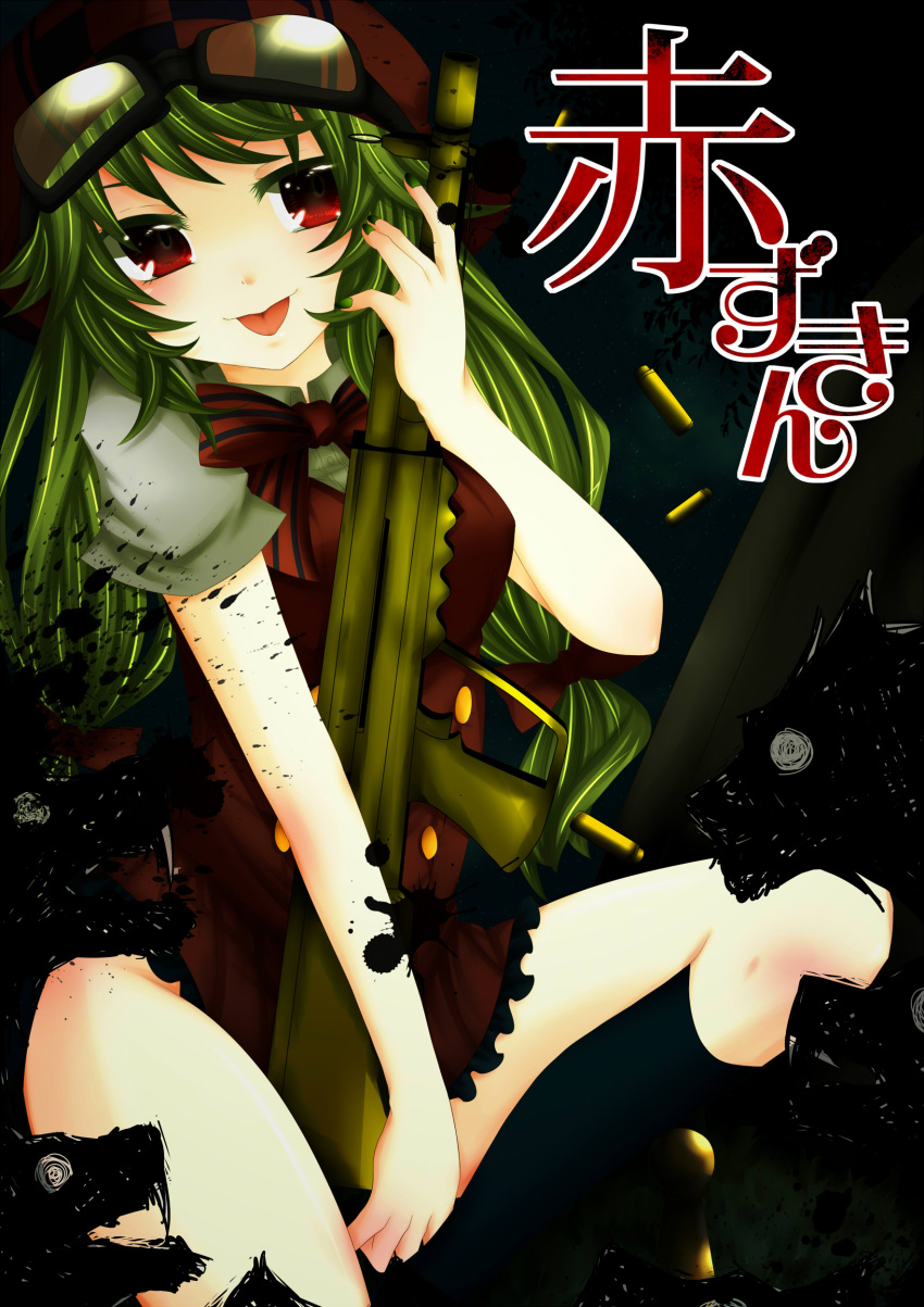 :p absurdness absurdres alternate_hairstyle goggles goggles_on_head green_hair gumi gun highres long_hair red_eyes smile solo sorakase_sawa tongue vocaloid weapon