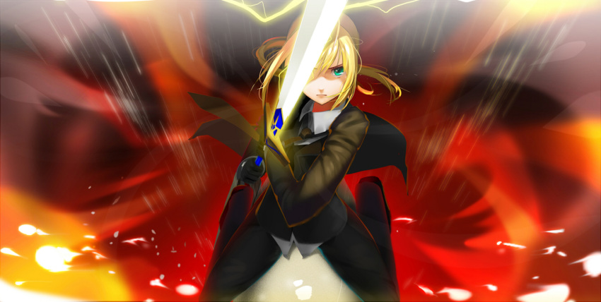 ahoge black_gloves blonde_hair cao_xiong fate/zero fate_(series) formal gloves green_eyes long_hair necktie pant_suit ponytail saber solo suit sword weapon