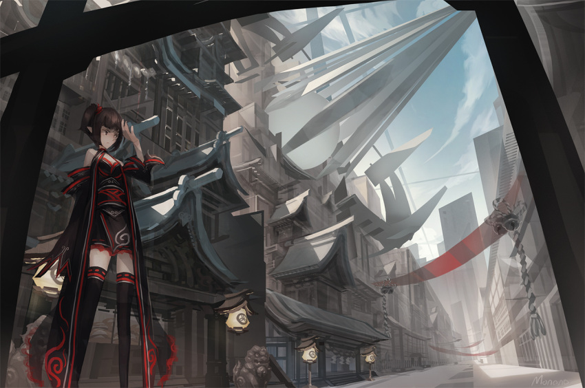 architecture arm_up banner bare_shoulders bell black_hair black_legwear bob_cut brown_eyes brown_hair building city cleavage_cutout cloud detached_sleeves east_asian_architecture hand_on_head highres japanese_clothes lamp monono obi original patterned ponytail road sash scenery short_hair signature skirt sky solo standing statue thigh-highs thighhighs