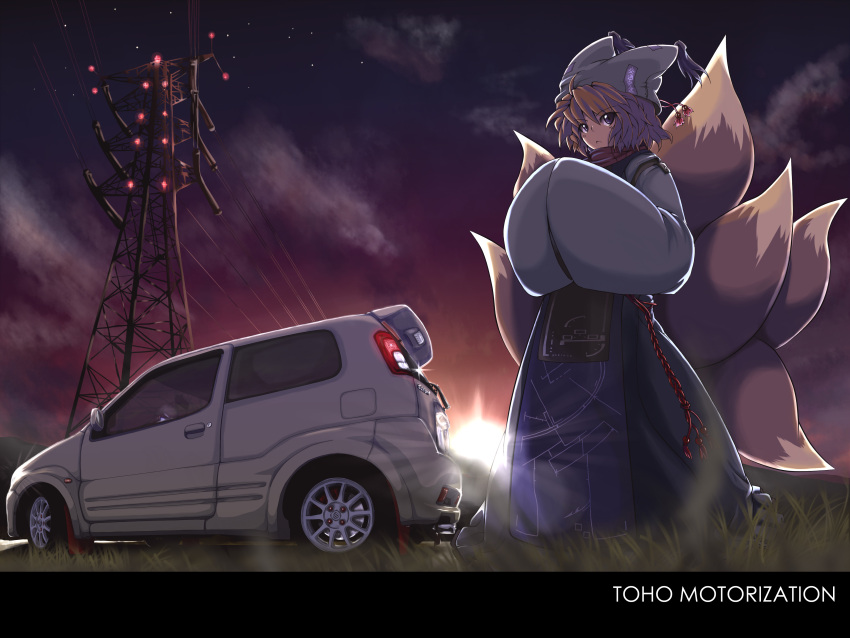 :&lt; absurdres blonde_hair brown_eyes car cloud contemporary fox_tail grass hands_in_sleeves hat hayate-s highres motor_vehicle multiple_tails outdoors power_lines short_hair solo star_(sky) sun suzuki tail touhou vehicle yakumo_ran