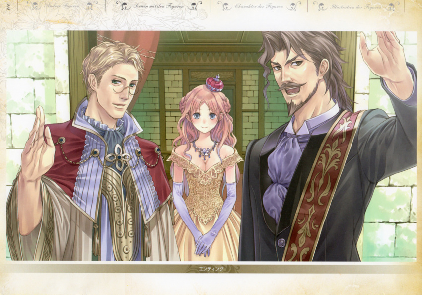 2boys arm_up atelier_(series) atelier_meruru bare_shoulders blonde_hair blue_eyes braid breasts brick_wall brown_eyes brown_hair capelet cleavage curtains dessie_horstna_arls dress elbow_gloves facial_hair formal gio_(atelier_rorona) glasses gloves goatee green_eyes hat highres jewelry kishida_mel long_hair looking_at_viewer merurulince_rede_arls multiple_boys mustache necklace open_mouth patterned pince-nez short_hair smile suit white_gloves wide_sleeves yellow_dress