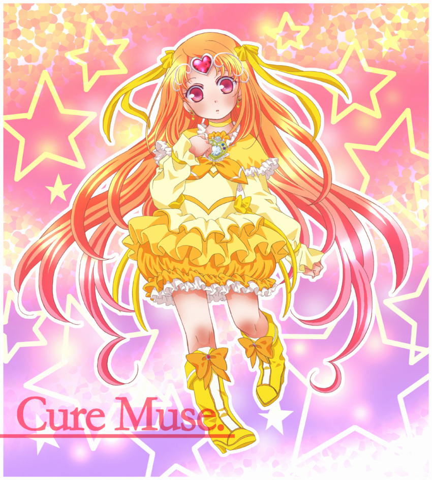 1girl boots bow brooch character_name choker circlet cure_muse cure_muse_(yellow) dress frills gradient gradient_background hair_ribbon heart highres jewelry long_hair magical_girl orange_hair parara_kerusu pink_background precure purple_background red_eyes ribbon shirabe_ako solo star starry_background suite_precure yellow_dress
