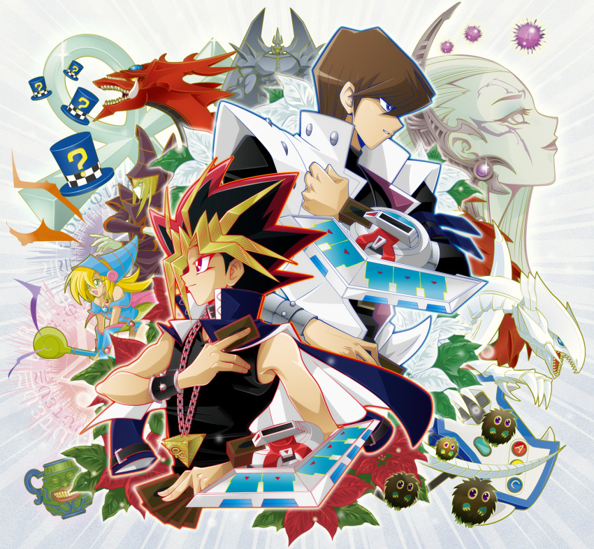 2boys ? blonde_hair blue_eyes_white_dragon brown_hair card clenched_hand controller dark_magician dark_magician_girl duel_disk duel_monster fangs fist game_controller grin gyakutenno_megami hat highres holding holding_card jewelry kaiba_seto kuriboh millenium_puzzle millennium_puzzle multicolored_hair multiple_boys necklace obelisk_the_tormentor open_mouth paw_pose pot_of_greed slifer_the_sky_dragon smile spiked_hair staff summer_tree_(natsuking) teeth wizard_hat yami_yuugi yu-gi-oh! yuu-gi-ou yuu-gi-ou_duel_monsters