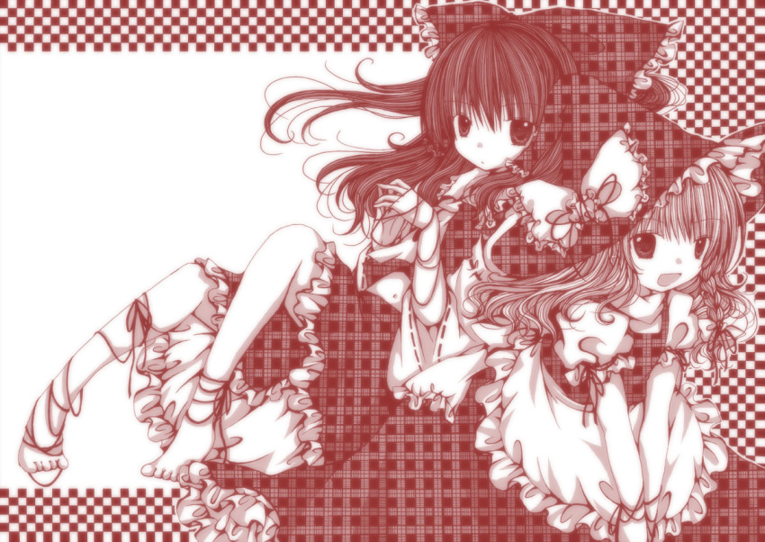 bad_id barefoot bow checkered checkered_background hair_bow hair_tubes hakurei_reimu hat hat_bow kasuga_sunao kirisame_marisa long_hair midriff monochrome open_mouth plaid red red_string ribbon skirt skirt_set smile string touhou unmoving_pattern v_arms witch witch_hat