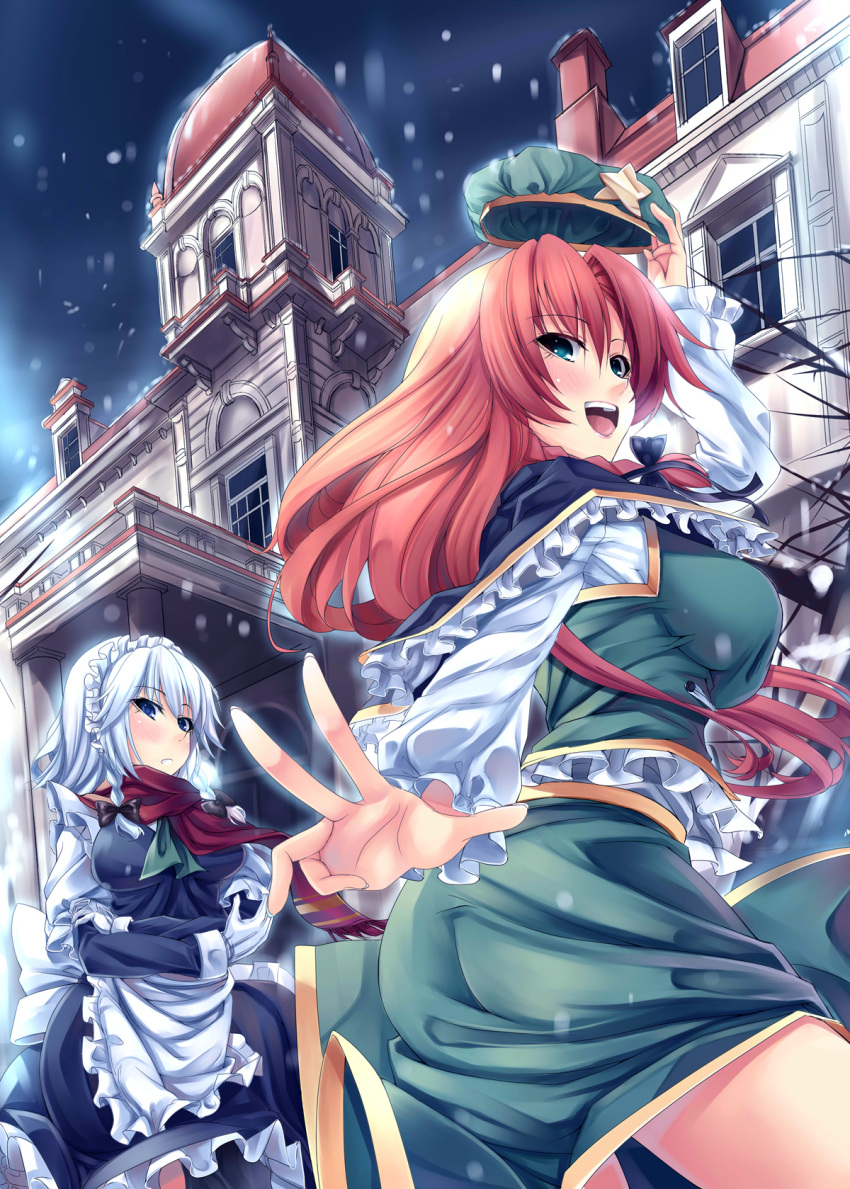 aqua_eyes ass beret blue_eyes braid breasts capelet crossed_arms frills gloves green_eyes hair_intakes hat hat_removed headwear_removed highres hong_meiling izayoi_sakuya kinntarou long_hair looking_back maid maid_headdress mansion multiple_girls night open_mouth outdoors red_hair redhead scarf short_hair silver_hair smile snow star touhou twin_braids white_gloves winter