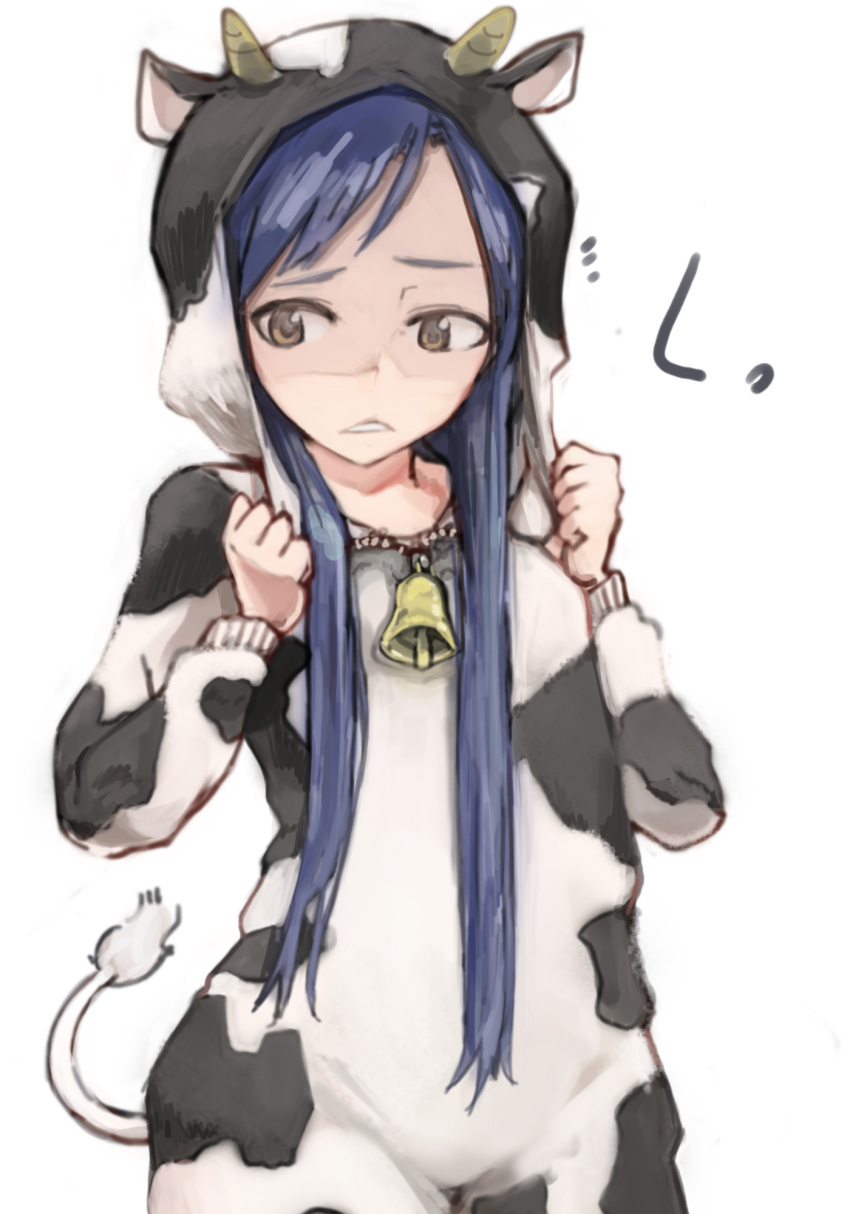 1girl animal_costume bell blue_hair brown_eyes code-aa cow_bell cow_costume cow_tail highres horns idolmaster kisaragi_chihaya long_hair raised_eyebrow simple_background solo tail white_background