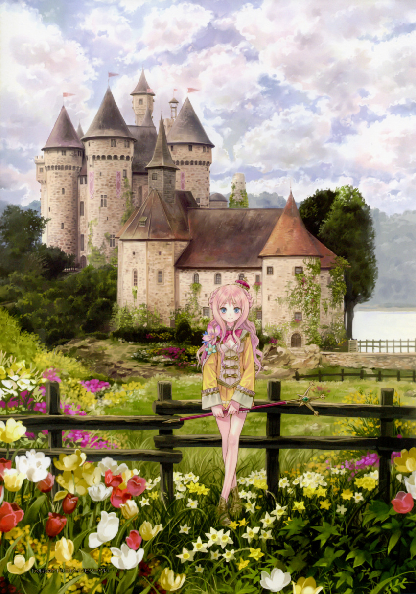 absurdres atelier_(series) atelier_meruru banner blue_eyes building castle cloud crossed_legs_(standing) crown daffodil door fence flag flower grass highres horizon ivy kishida_mel leaf meadow medieval merurulince_rede_arls nature pink_hair ribbon scenery shoes skirt sky smile solo spire staff structure text tower tree tulip water weapon window