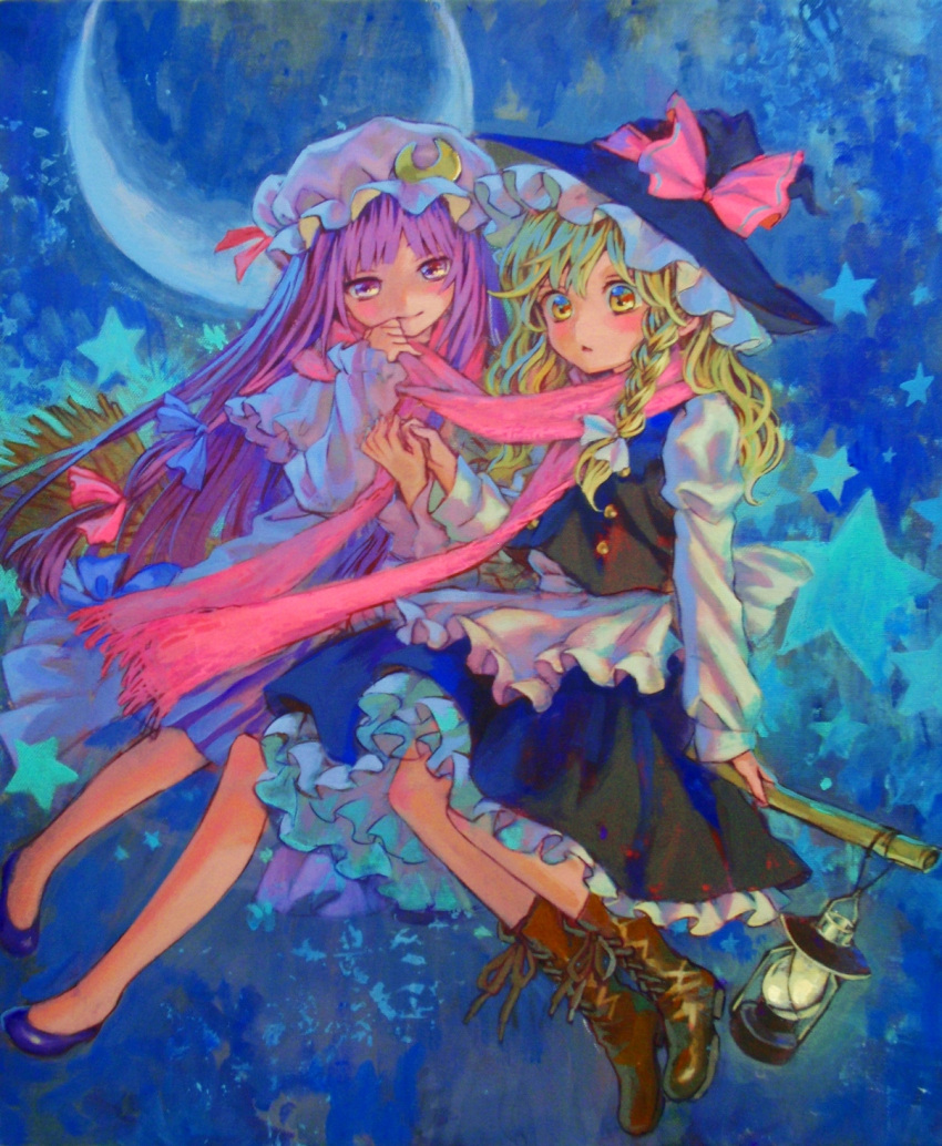 acrylic_paint_(medium) ama-tou blonde_hair bow braid broom crescent dress full_body hair_bow hat highres kirisame_marisa lamp long_hair multiple_girls patchouli_knowledge perfect_cherry_blossom purple_eyes purple_hair revision scarf shared_scarf side_braid single_braid sitting smile star touhou traditional_media violet_eyes witch witch_hat yellow_eyes