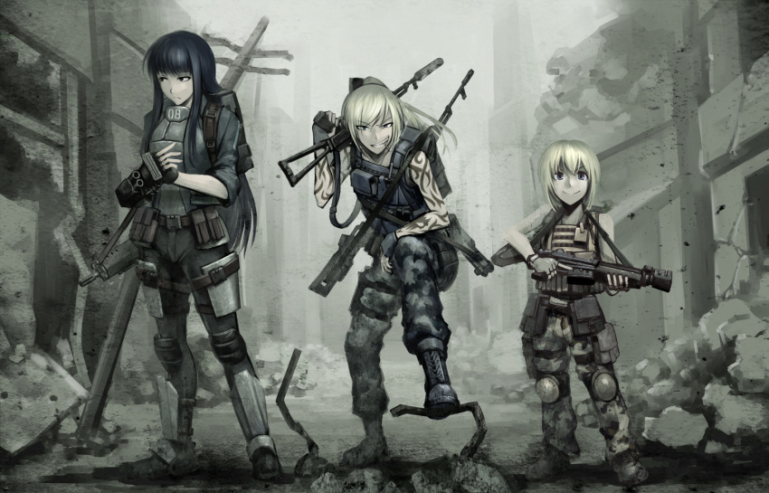 3girls ak-74 ak-74m armor assault_rifle bag black_hair blonde_hair bulletproof_vest dragunov_svd fallout fallout_new_vegas fingerless_gloves gloves grin gun hetza_(hellshock) holster knee_pads load_bearing_vest long_hair looking_at_viewer mecha_to_identify multiple_girls operator ponytail rifle ruins sig_552 smile sniper_rifle suzumi_(hetza) tattoo teeth thigh_holster trigger_discipline wasteland weapon