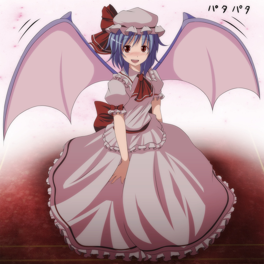 bat_wings blue_hair blush dress flapping hat highres open_mouth pink_dress red_eyes remilia_scarlet s-syogo short_hair solo touhou wings