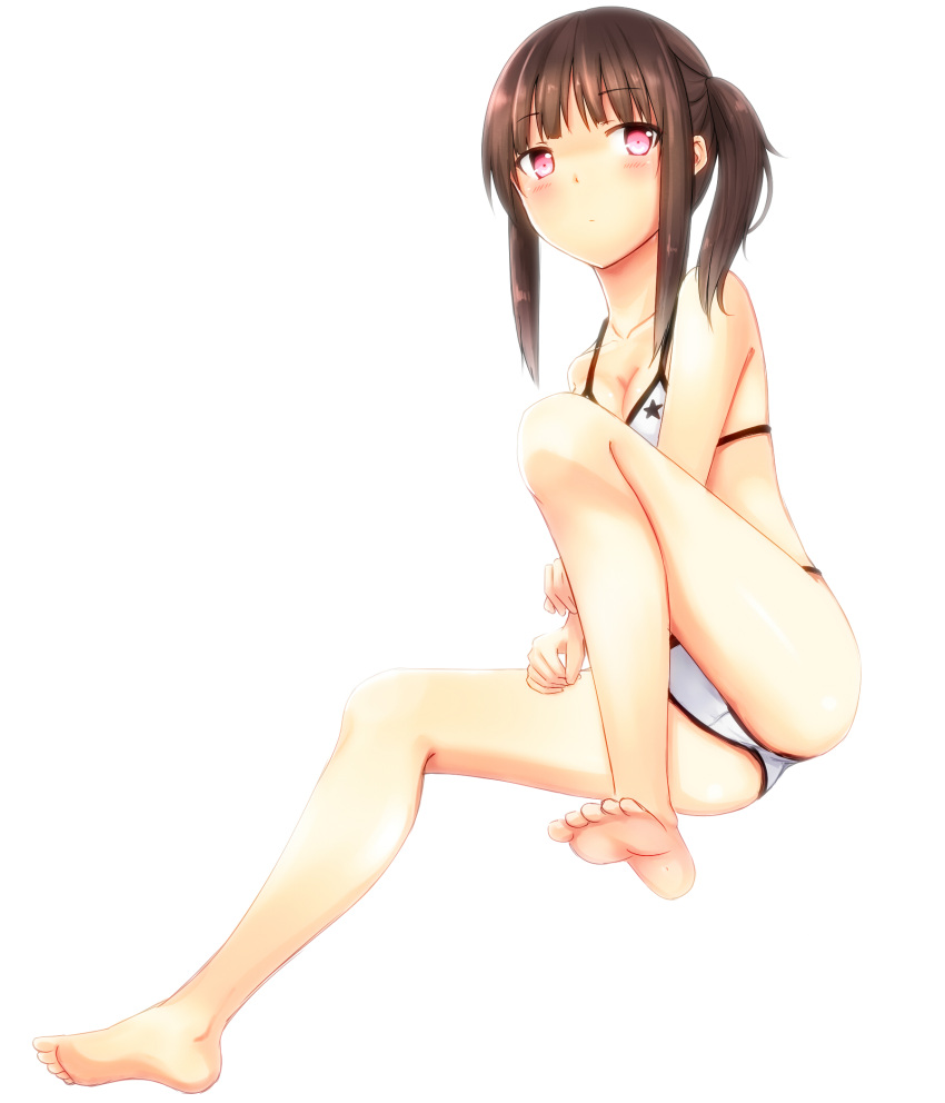 96tuki ass bad_id bare_shoulders barefoot bikini blush bra breasts brown_hair cleavage collarbone feet highres lingerie long_hair original panties payot purple_eyes side_ponytail simple_background sitting solo star toes underwear violet_eyes white_background white_panties