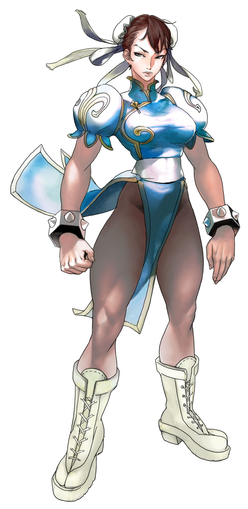 absurdres black_legwear boots bun_cover capcom china_dress chinese_clothes chun-li cross-laced_footwear double_bun highres legs long_legs pantyhose sammohung simple_background solo street_fighter thick_thighs thighs white_background