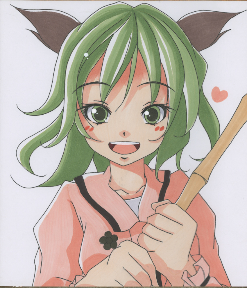 animal_ears green_eyes green_hair heart highres kasodani_kyouko looking_at_viewer marker_(medium) open_mouth s-syogo shikishi smile solo touhou traditional_media