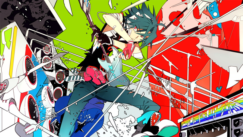 abstract blue_hair cable character_request electric_guitar fingerless_gloves gloves guitar gumi headphones instrument original pink_eyes short_hair source_request speaker suou vocaloid