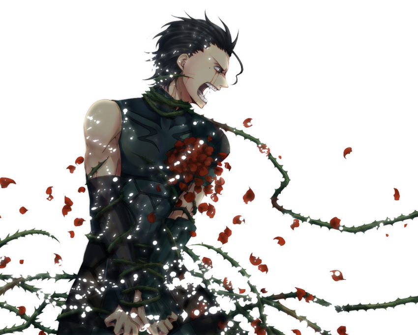 ahoge black_hair blood blood_on_face bondage fate/zero fate_(series) flower injury kinata lancer_(fate/zero) male mole petals red_rose rose short_hair shouting solo tears tentacle tentacles_on_male thorns tied_up vines yellow_eyes