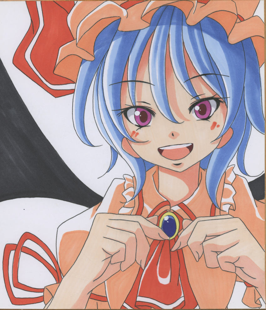 blue_hair hat highres looking_at_viewer marker_(medium) open_mouth purple_eyes remilia_scarlet s-syogo shikishi short_hair smile solo touhou traditional_media tsurime violet_eyes wings