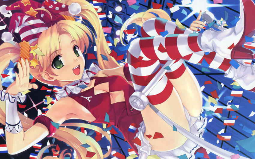 artist_request blonde_hair boots breasts cleavage confetti copyright_request green_eyes highres legs misaki_kurehito nail_polish panties smile solo thigh-highs thighhighs trapeze twintails underwear