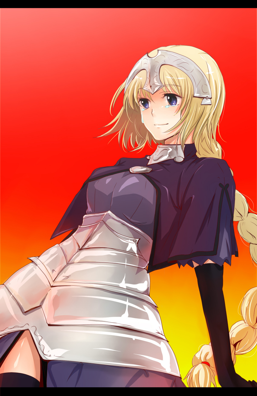 absurdres akutoyo armor armored_dress black_gloves blonde_hair braid capelet dress elbow_gloves fate/apocrypha fate_(series) gloves headpiece highres jeanne_d'arc_(fate/apocrypha) jeanne_d'arc_(fate/apocrypha) letterboxed long_hair purple_eyes ruler_(fate/apocrypha) solo thigh-highs thighhighs violet_eyes