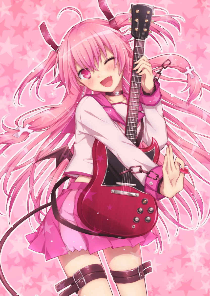 angel_beats! fang guitar highres imomu instrument long_hair open_mouth pink pink_background pink_eyes pink_hair plectrum school_uniform serafuku smile twintails two_side_up wink yui_(angel_beats!)