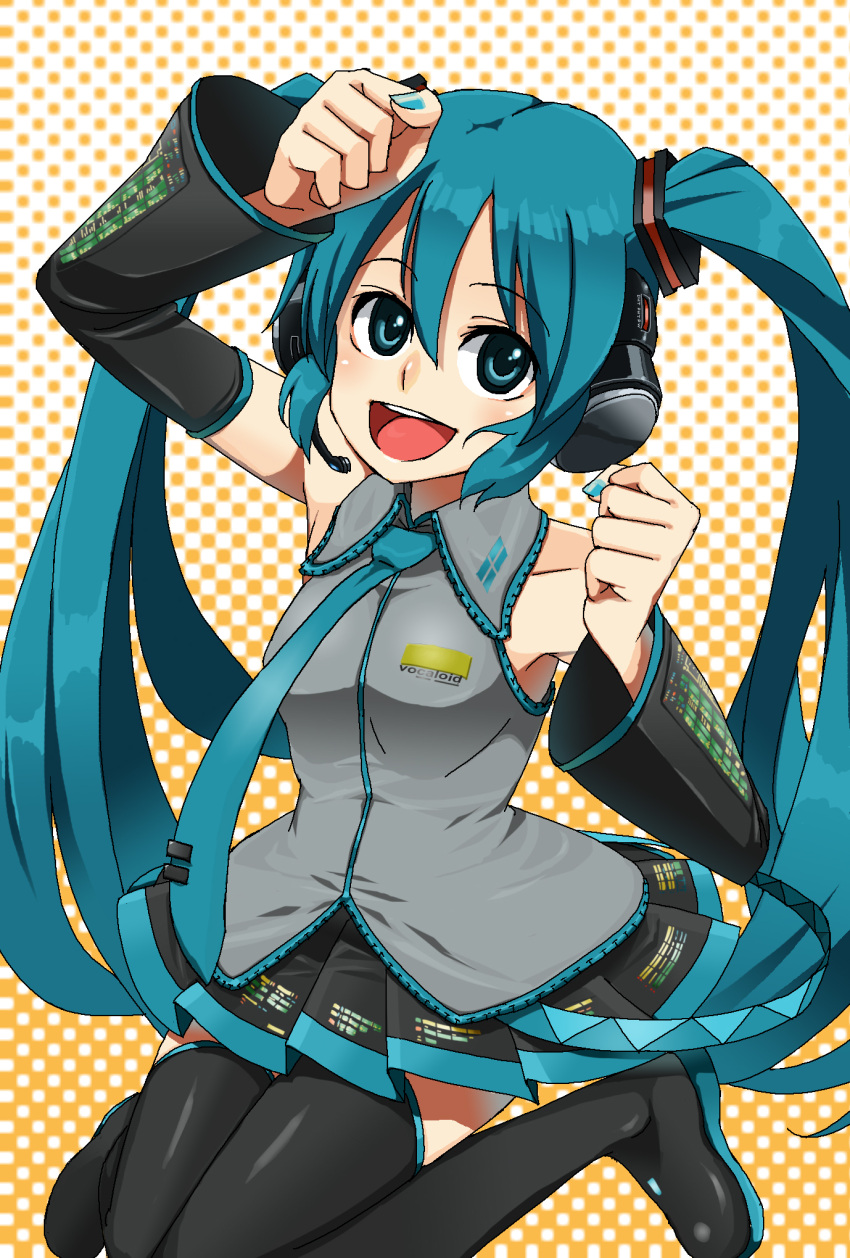 aqua_eyes aqua_hair checkered checkered_background detached_sleeves hatsune_miku headphones highres long_hair necktie open_mouth pizzadev sitting skirt smile solo thigh-highs thighhighs twintails vocaloid zettai_ryouiki