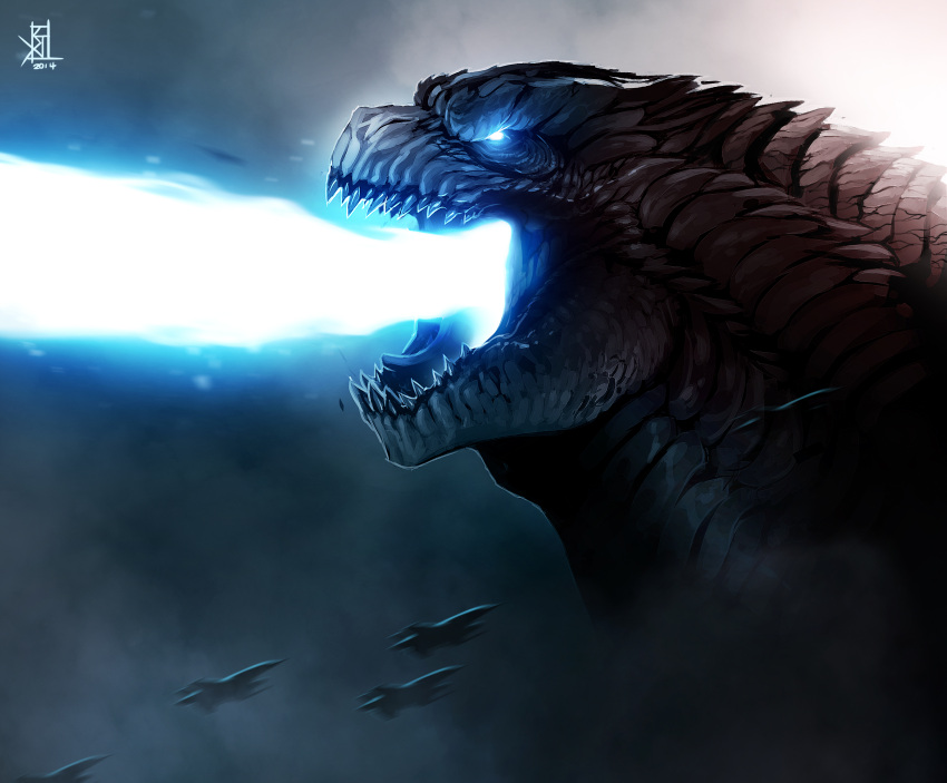 artist_request atomic_ray godzilla godzilla_(series) jet kaijuu no_humans roaring source_request