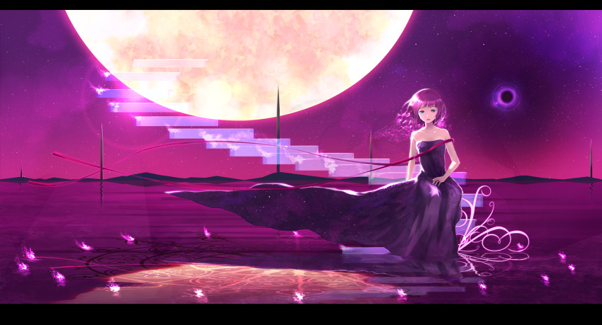 aqua_eyes bad_id bare_shouders bare_shoulders black_dress dress full_moon jname letterboxed moon original pink_hair purple reflection ribbon sky solo stairs star_(sky) starry_sky strapless_dress surreal