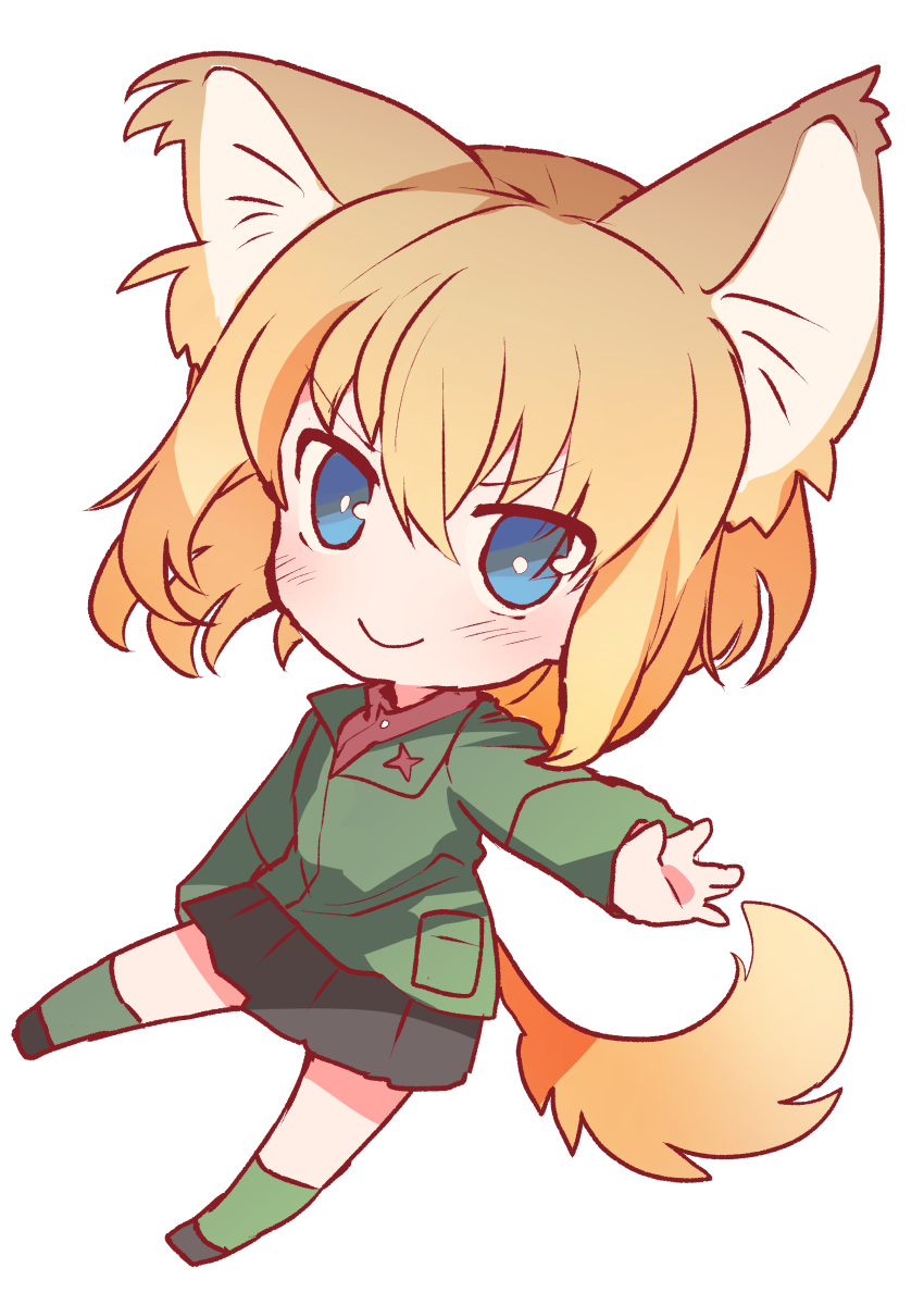 1girl absurdres animal_ears bangs black_footwear black_skirt blonde_hair blue_eyes chibi closed_mouth commentary dog_ears dog_tail emblem eyebrows_visible_through_hair full_body girls_und_panzer green_jacket green_legwear highres jacket katyusha kemonomimi_mode long_sleeves looking_at_viewer miluke miniskirt pleated_skirt pravda_school_uniform red_shirt school_uniform shirt shoes short_hair simple_background skirt smile socks solo standing tail v-shaped_eyebrows waving white_background