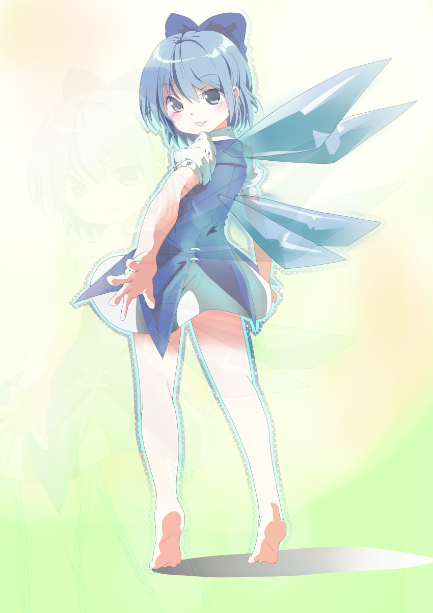 bare_legs barefoot blue_eyes blue_hair bow cirno dress feet from_behind full_body grin hair_bow hands highres looking_at_viewer looking_back outstretched_hand shift_(0808) short_hair smile solo standing tiptoes touhou wings zoom_layer