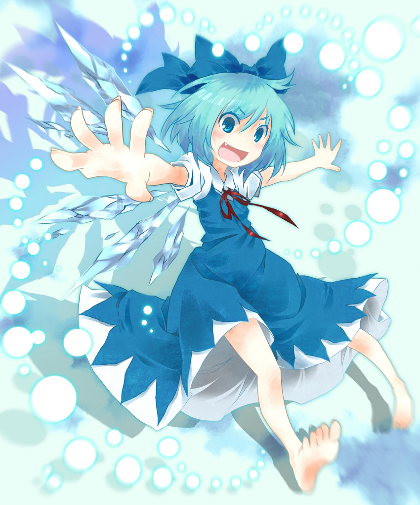 bare_legs barefoot blue_dress blue_eyes blue_hair blurry bow cirno danmaku dress fang feet hair_bow highres open_mouth outstretched_arms shirt short_hair smile solo spread_arms touhou toutenkou wings