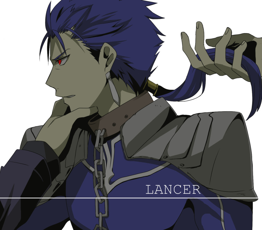 abeabe0040 bad_id blue_hair chain chains dog_collar earrings fate/stay_night fate_(series) highres jewelry lancer leash long_hair male ponytail profile red_eyes solo