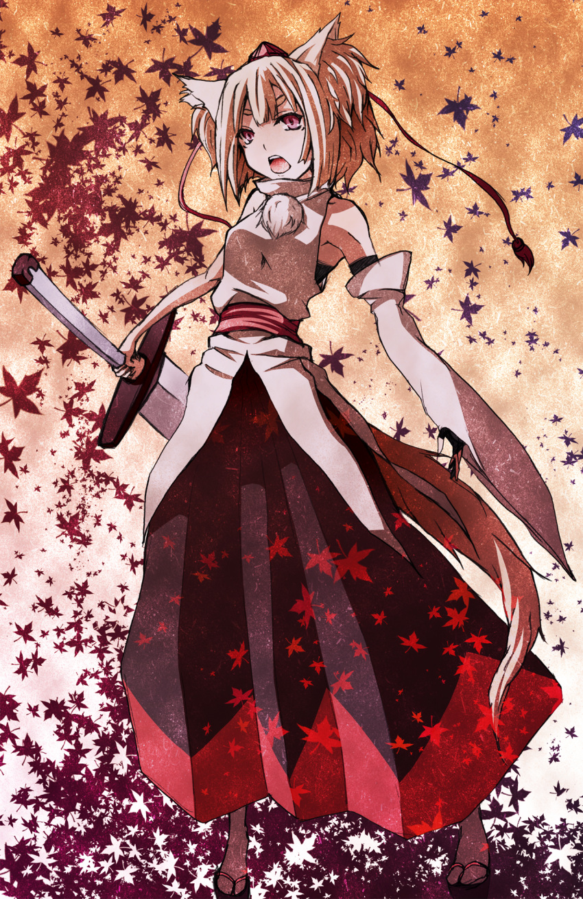 animal_ears autumn autumn_leaves autumnal_background bare_shoulders colored detached_sleeves geta hat highres huge_weapon inubashiri_momiji leaf maple_leaf mouth open open_mouth pleated_skirt red_eyes ribbon s-syogo short_hair skirt solo sword tail tokin_hat touhou weapon white_hair wolf_ears