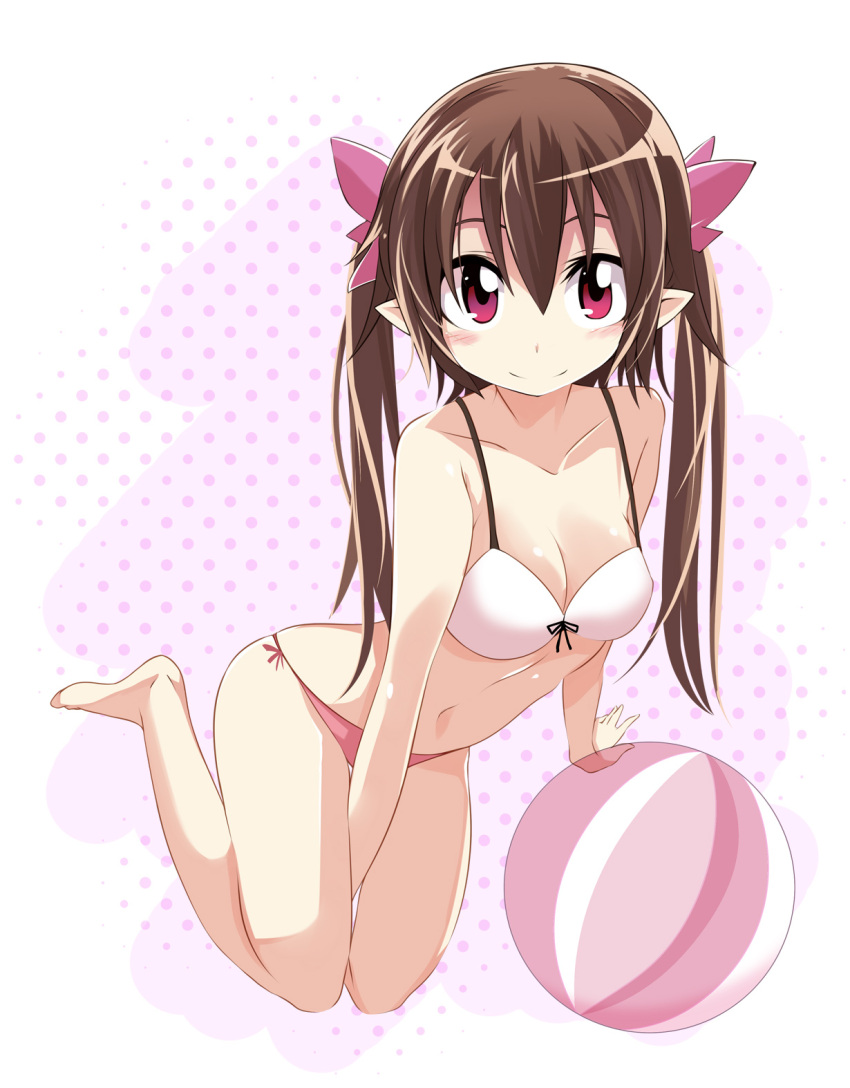 alternate_costume ball bare_legs bare_shoulders beachball bikini blush bow breasts cleavage collarbone hair_bow highres himekaidou_hatate long_hair looking_at_viewer matsuri_uta navel pointy_ears purple_eyes simple_background skindentation smile solo strap_gap swimsuit touhou twintails violet_eyes