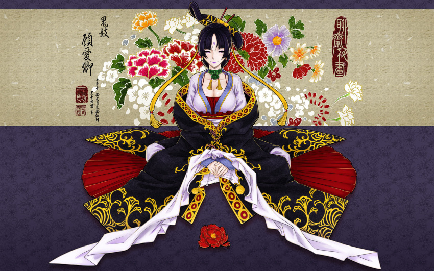antaria black_hair breasts character_request chinese chinese_clothes cleavage flower guai_qing hair_ornament hanfu highres large_breasts liaozhai_zhiyi purple_eyes sitting solo translation_request violet_eyes wallpaper