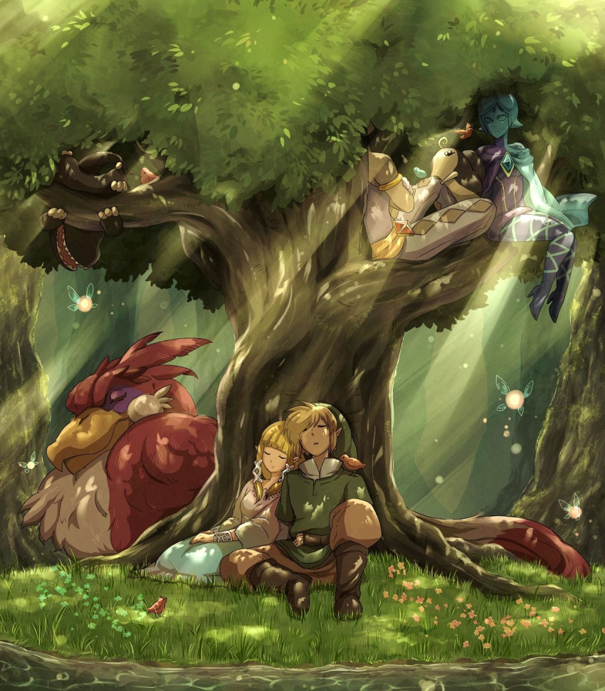 bird blonde_hair blue_hair cape couple demise dress fairy fi ghirahim hat highres in_tree kikwi link loftwing long_hair machi mackerel_(artist) nature nintendo pantyhose pointy_ears princess_zelda sitting sitting_in_tree skyward_sword sleeping sunbeam sunlight the_imprisoned the_legend_of_zelda tree under_tree