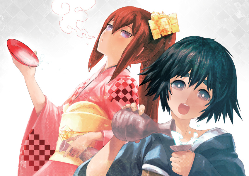 :o black_eyes black_hair blue_eyes brown_hair checkered choko_(cup) eyebrows hair_between_eyes hair_ornament halftone highres huke japanese_clothes kimono long_hair looking_at_viewer makise_kurisu multiple_girls obi open_mouth ponytail sakazuki sake shiina_mayuri short_hair steins;gate tokkuri