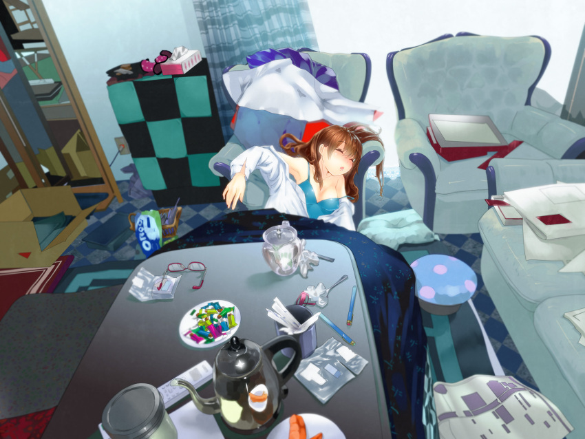 blurry brown_hair couch drooling erect_nipples glasses highres long_hair messy_room original pen sleeping solo strap_slip teapot tissue_box yadapot