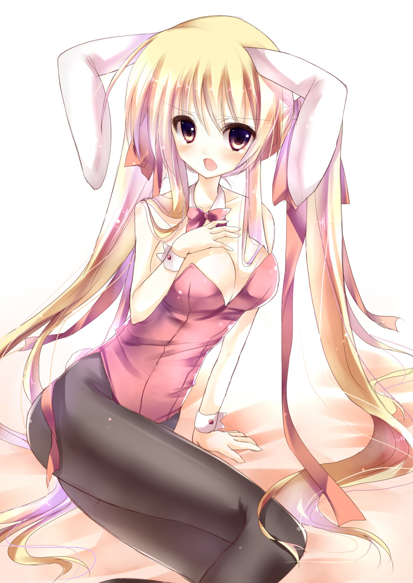 absurdres animal_ears artist_request breasts bunny_ears bunny_girl bunnysuit cleavage copyright_request highres long_hair pantyhose sitting solo source_request type_(artist) very_long_hair